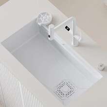 Multifunctional White Stainless Steel Kitchen Sink with Digital Display & Pull-Out Waterfall Faucets