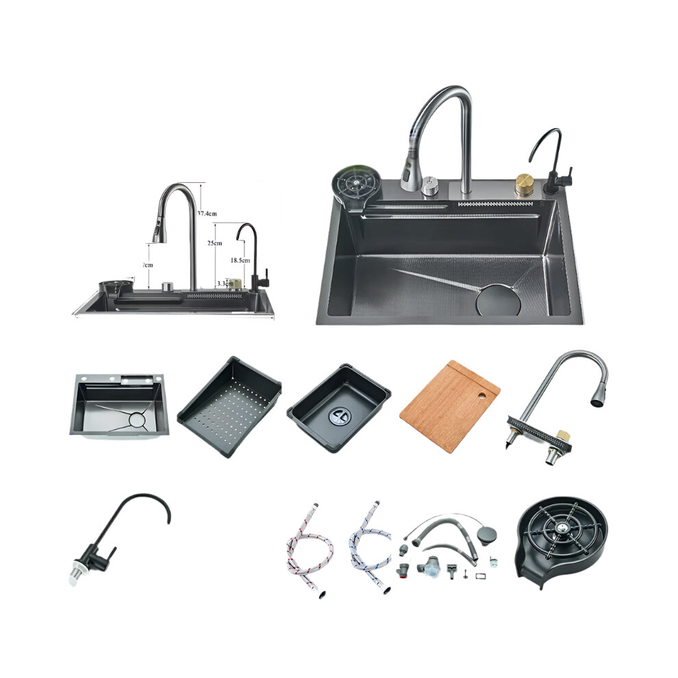 Premium 304 Stainless Steel Waterfall Kitchen Sink With Multifunction Faucet & Cup Washer 726084676862