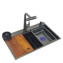 Dark Gray Topmount Single Bowl Kitchen Sink with High-Low Waterfall Faucet & Cup Washer - Nano 304 Stainless Steel