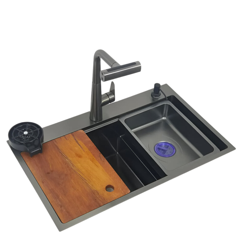 Dark Gray Topmount Single Bowl Kitchen Sink With High-Low Waterfall Faucet & Cup Washer - Nano 304 Stainless Steel 744759876713