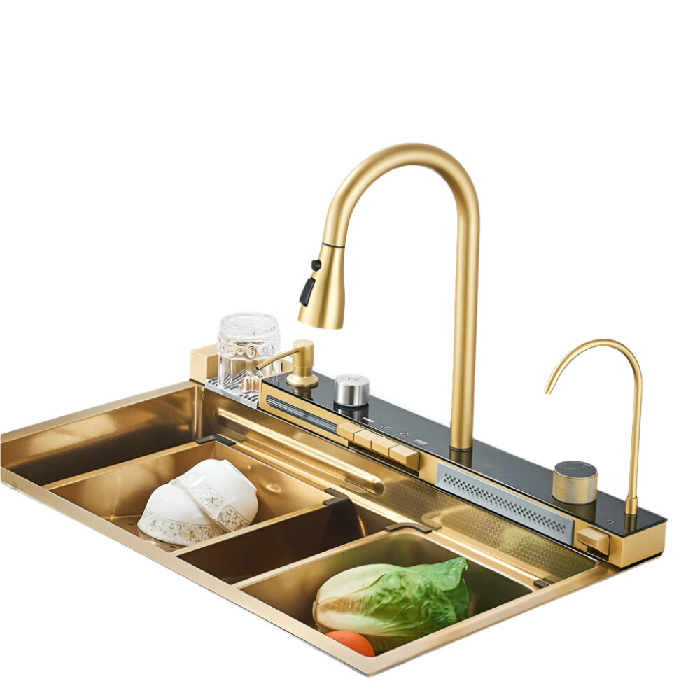 Waterfall Kitchen Sink Set: 75Cmx46cm Large Single Basin With Faucet, Soap Dispenser, And Cup Washer 313055647619