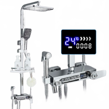 Brass Thermostatic LCD Shower Faucet Set with Temperature Display & Rainfall Bathtub Tap, Featuring Bathroom Shelf & Water-Powered Electricity