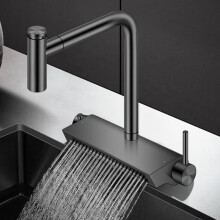 Sleek Black Brass Waterfall Kitchen Faucet with Dual Holder & 360Â Pull-Out Mixer Tap - Hot & Cold Water Control