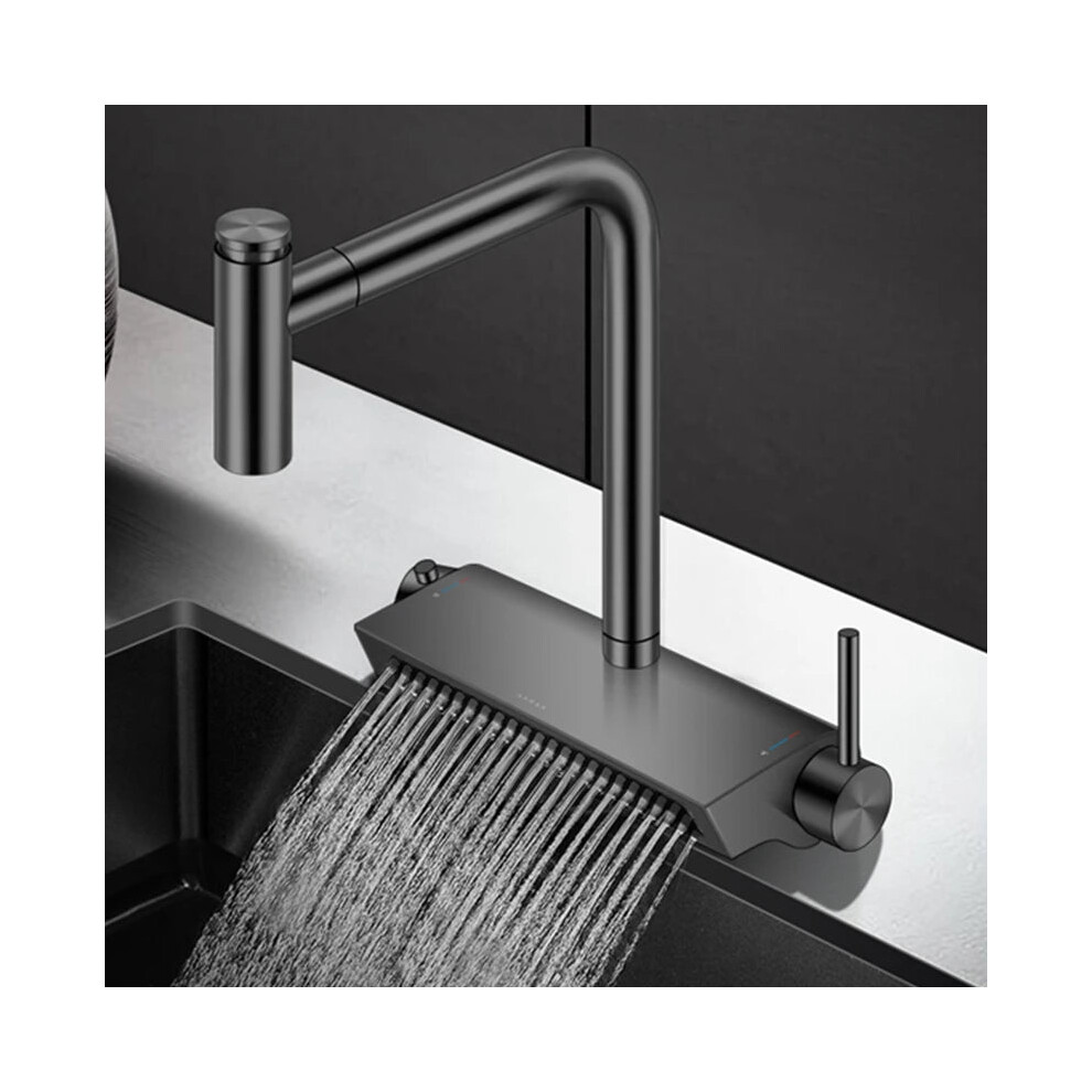 Sleek Black Brass Waterfall Kitchen Faucet With Dual Holder & 360Ã Pull-Out Mixer Tap - Hot & Cold Water Control 705353709210