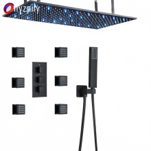 Matte Black LED Thermostatic Shower System with Spa Massage and 3-Way Brass Bathtub Mixer Tap