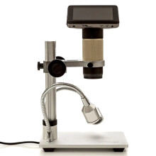 Digitale microscoopcamera met hoge resolutie, USB-aansluiting, verstelbare standaard en ledverlichting.