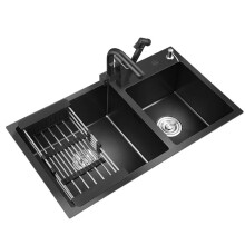 Nano Stepped Double Sink: 304 Stainless Steel Vegetable Wash Basin with High-Pressure Cup Washer for Coffee Shops & Wine Bars