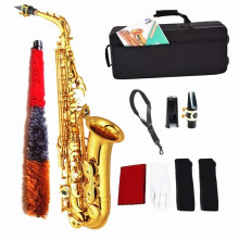 E Flat Alto Saxophone - Gold Lacquer Brass with Case, Mouthpiece, Neck Strap, Cleaning Cloth & Brush for Beginners