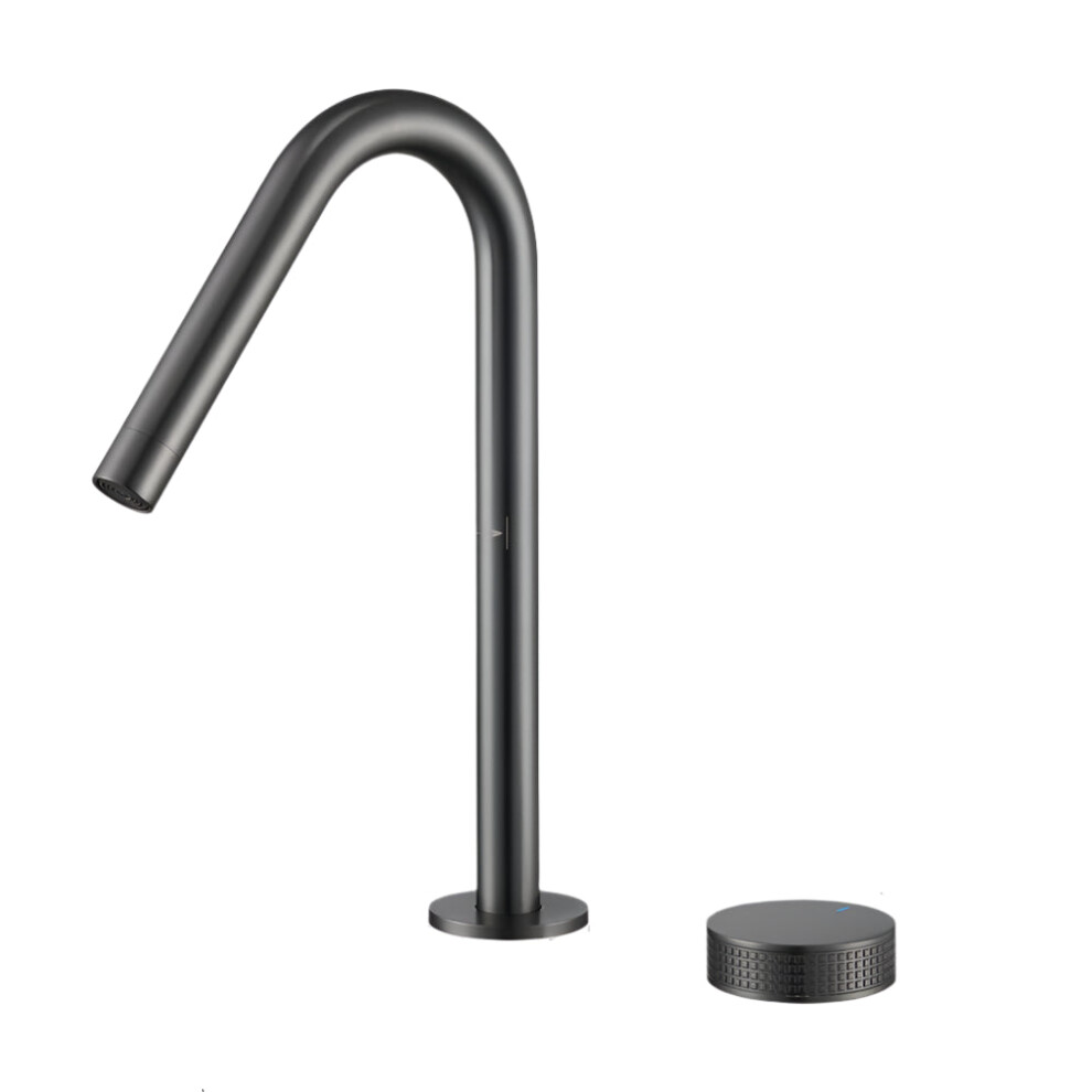 Matte Black Knurled Knob Basin Faucet With 360Ã Rotating Spout - Two-Hole Deck Mounted Widespread Bathroom Tap 313109934931