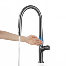Premium Gun Gray Brass Kitchen Faucet with Induction Design - Single Handle, Dual Control for Hot & Cold Water, 2-Function Simple Sink Faucet