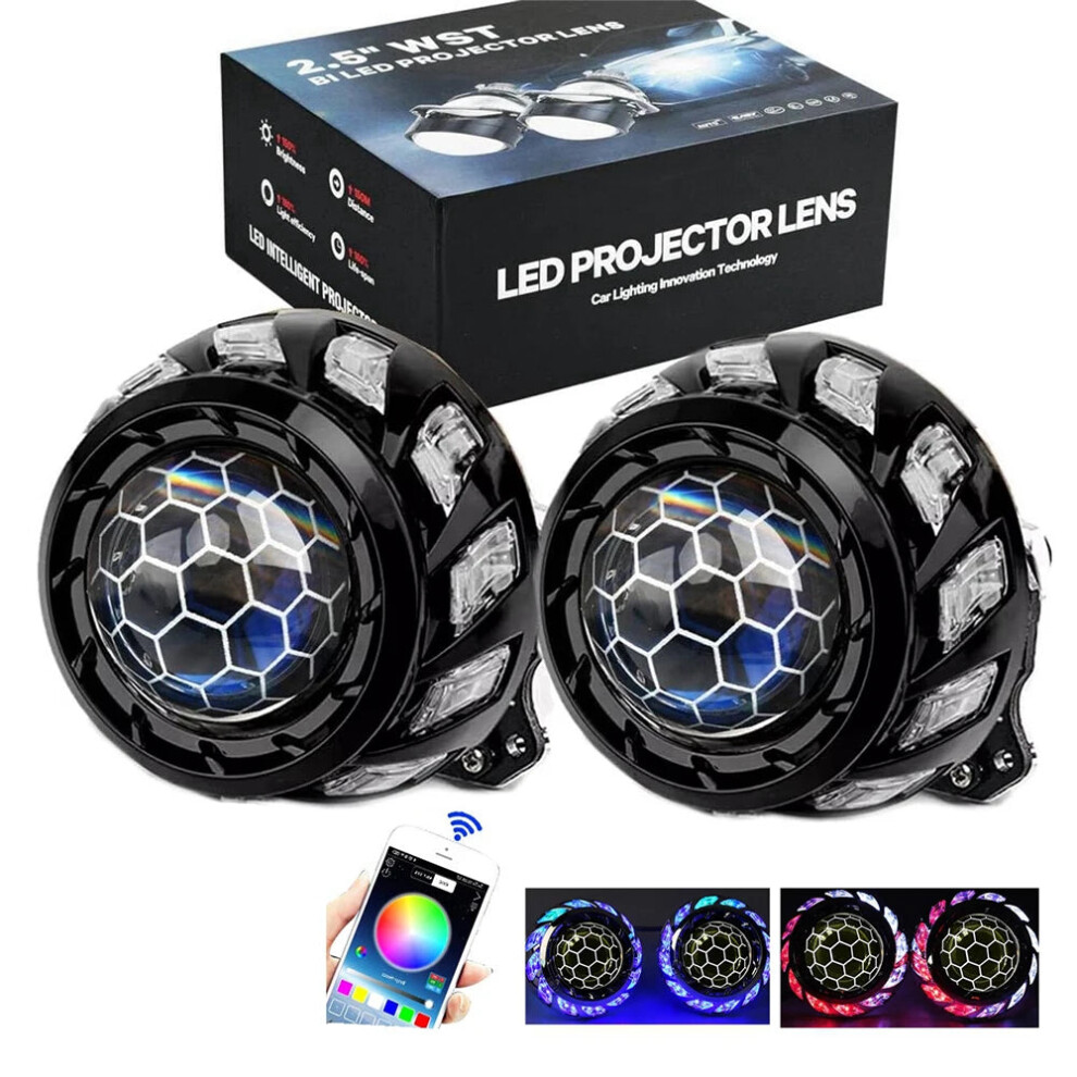 Honeycomb Bi-Led Projector Lens Kit With Rgb Led Angel Eyes & App Control For Car Headlight Retrofit (2.5 Inch, H1/H4/H7, Hot Wheel Shroud) 744759813046