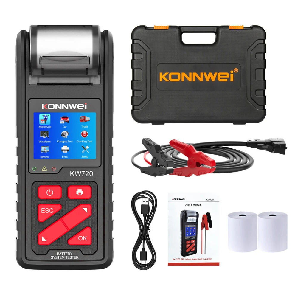 Konnwei Kw720 Multi-Voltage Battery Tester & Analyzer With Built-In Printer For Motorcycles, Cars, And Trucks 7445050533505