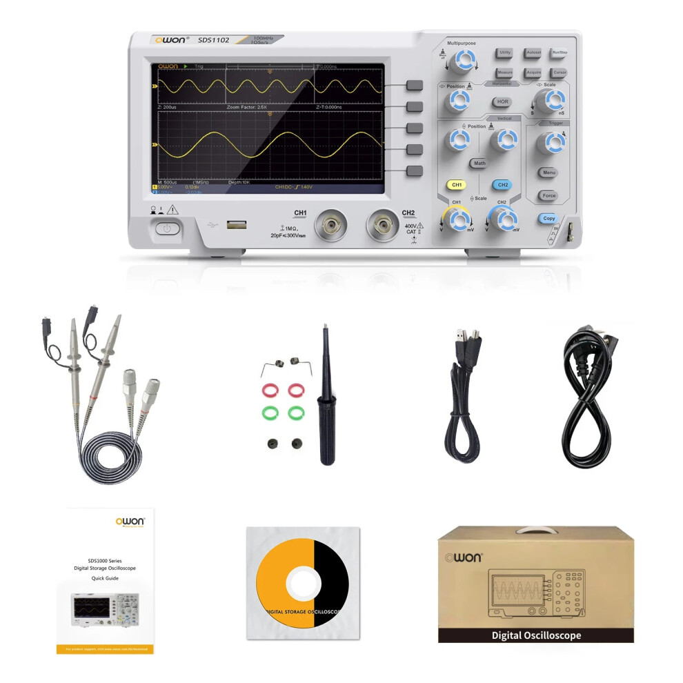 Owon Sds1102 Digital Oscilloscope - 100Mhz Bandwidth, 2 Channels, 1Gs/S Sampling Rate, 7-Inch Tft Display, 5Mv/Div Sensitivity, Desktop Storage Solut 744759333834