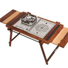 Teak Outdoor Camping Table with Built-in Gas Stove & Teaism Tray for Picnics & Barbecues