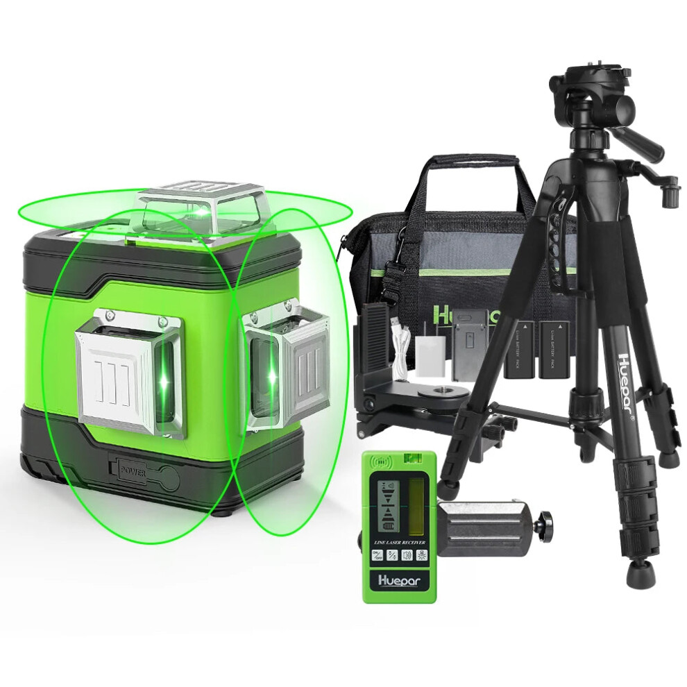 Huepar 3D 12-Line Self-Leveling Green Beam Laser Level With 3X360 Alignment, Includes 2 Li-Ion Batteries 7445037533559