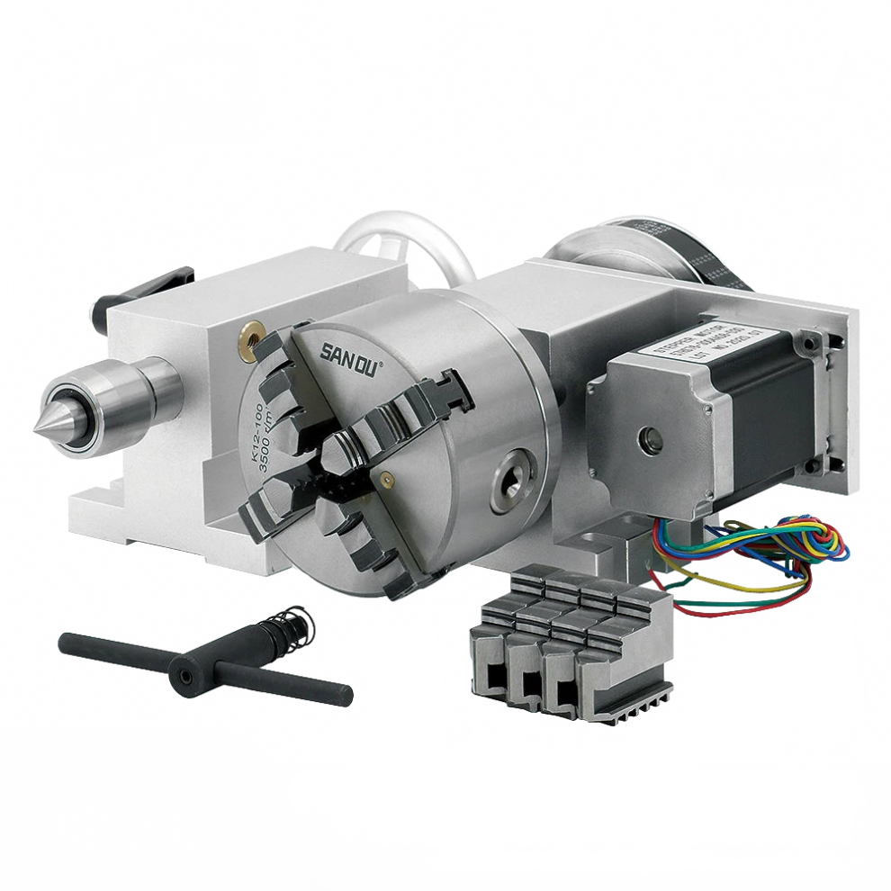 High-Precision 4Th Axis Rotary Kit: Nema 23 Stepper Motor 257Oz-In, 6:1 Ratio, 100Mm 4-Jaw Chuck, Mt2 Tailstock, Dm556 Driver For Cnc Machines 7445032462472