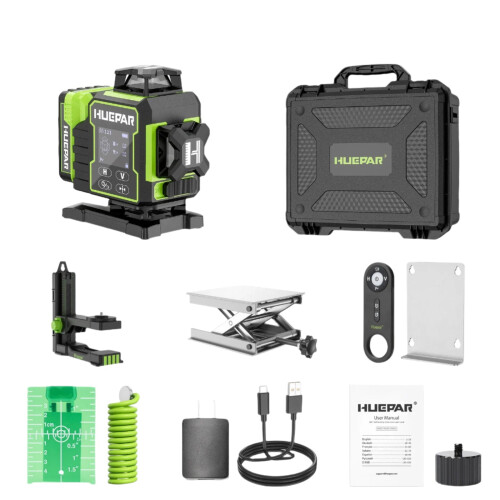 Huepar W04CG 4D Green Line Laser Level with Self-Leveling, Remote Bluetooth Control, and LCD Touch Panel