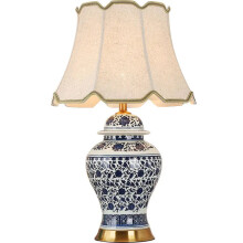 Remote-Controlled Blue & White Porcelain Bedside Table Lamp - Simple & Creative Design for a Warm Bedroom Ambiance