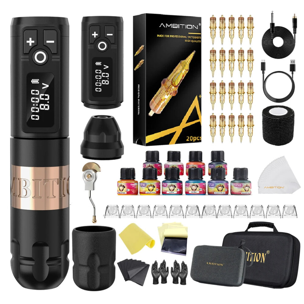 Ambition Soldier Kit: Wireless Tattoo Machine Pen with 20pcs Glory Cartridge Needle Set for Beginners & Professional Artists