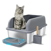 Spacious Stainless Steel Cat Litter Box with Flat Slope Front Door for Easy Access and Comfort