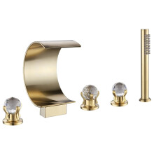 Elegant Brass Brushed Gold Waterfall Bathtub Faucet Set with Crystal Handle and Hand Shower - 5 Hole Widespread Design