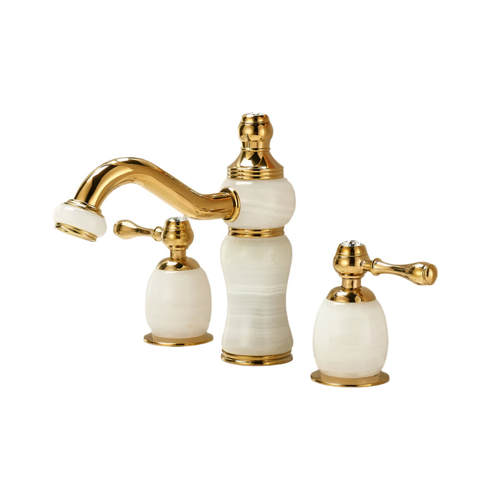 Luxurious Gold Brass & Jade Bathroom Sink Faucet - 3 Hole Widespread Basin Mixer With Double Handles For Hot And Cold Water 705353566134