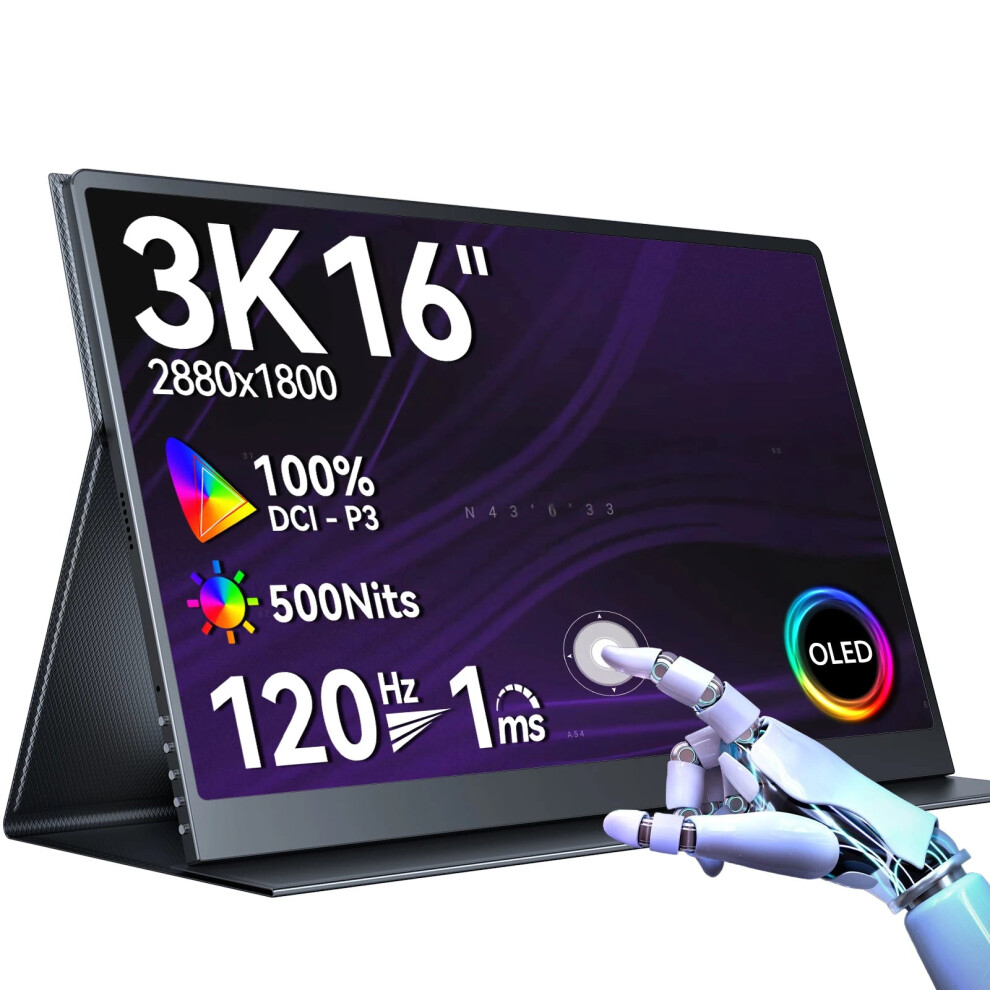 UPERFECT UColor O2 16 Portable Touchscreen OLED Monitor - 3K UHD 2880x1800, 100% DCI-P3, 100,000:1 Contrast, HDR, USB-C & HDMI Connectivity, I for Tr