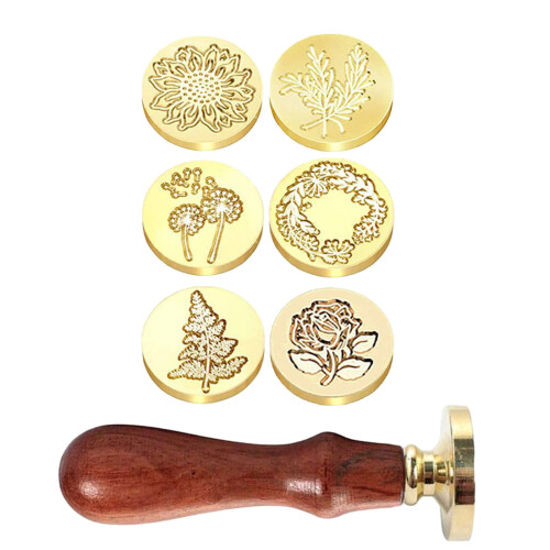 6Pcs Flower Sealing Stamp Handle with Wood Handle for Wedding
