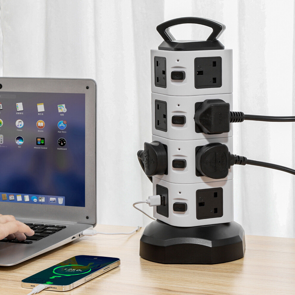 Powerful Vertical Power Station, Surge Protector With Retractable Extension Cord, Multiple Socket & Usb Connector, Fireproof Abs Material For Safe Cha 9454554536378