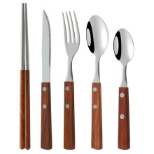 Elegant Dinnerware Set For Home & Outdoor, Food Grade 304 Stainless Steel With Wooden Handle, Comfortable To Hold, Easy To Clean, Reusable For Get
