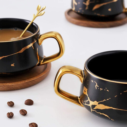Ματ Κεραμικά Κύπελλα Καφέ Latte, Μοντέρνου Σχεδιασμού, με Πιατέλα Μπαμπού, Εκλεκτής 2