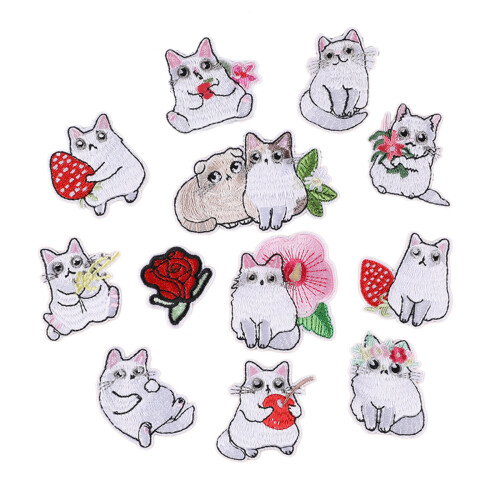 12 Pcs Iron on Applique Patches White Cats Embroidered-12 sets