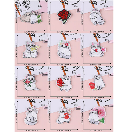 12 Pcs Iron on Applique Patches White Cats Embroidered-12 sets 2