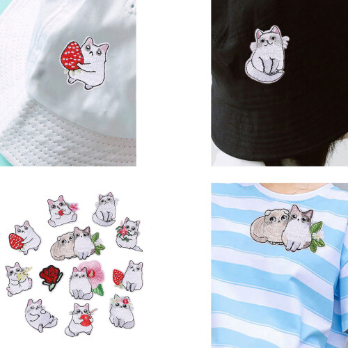 12 Pcs Iron on Applique Patches White Cats Embroidered-12 sets 1
