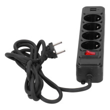 Stevige stekkerdoos, voorzien van 2 USB-laadpoorten en 4 stopcontacten, volledig koperen draadkern voor lage weerstand en veilige geleiding, meerdere