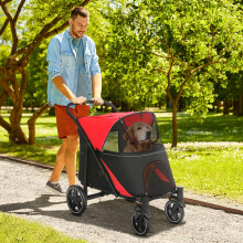 PawHut Foldable Dog Carriage w/ Universal Wheels, Shock Absorber, Red