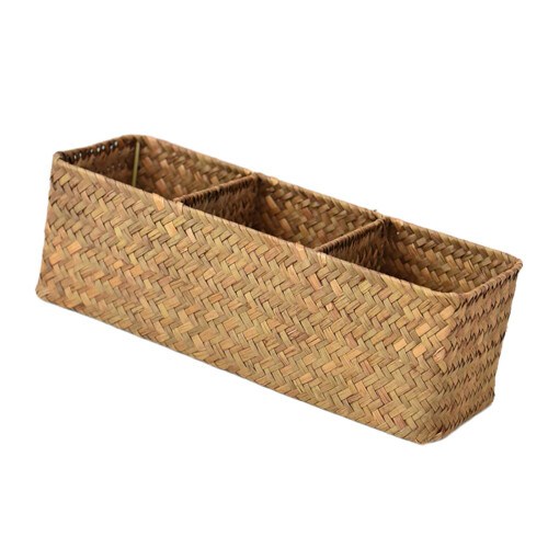 Storage Basket with Lid Sea Grass 3 Compartment Organizer-Khaki