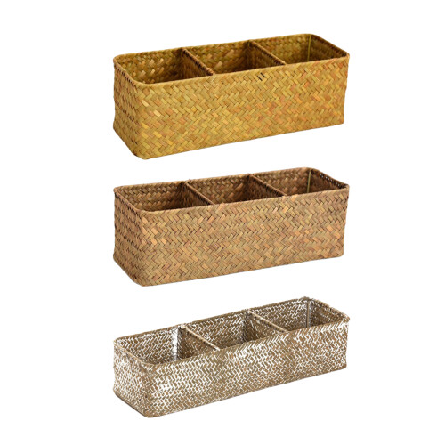Storage Basket with Lid Sea Grass 3 Compartment Organizer-Khaki 1