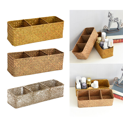 Storage Basket with Lid Sea Grass 3 Compartment Organizer-Khaki 2