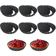 Håndlavede tærteforme, sæt med 6 non-stick 10 cm mini tærteforme med aftagelig bund til problemfri bagning, tærteforme i kulstofstål (sort)