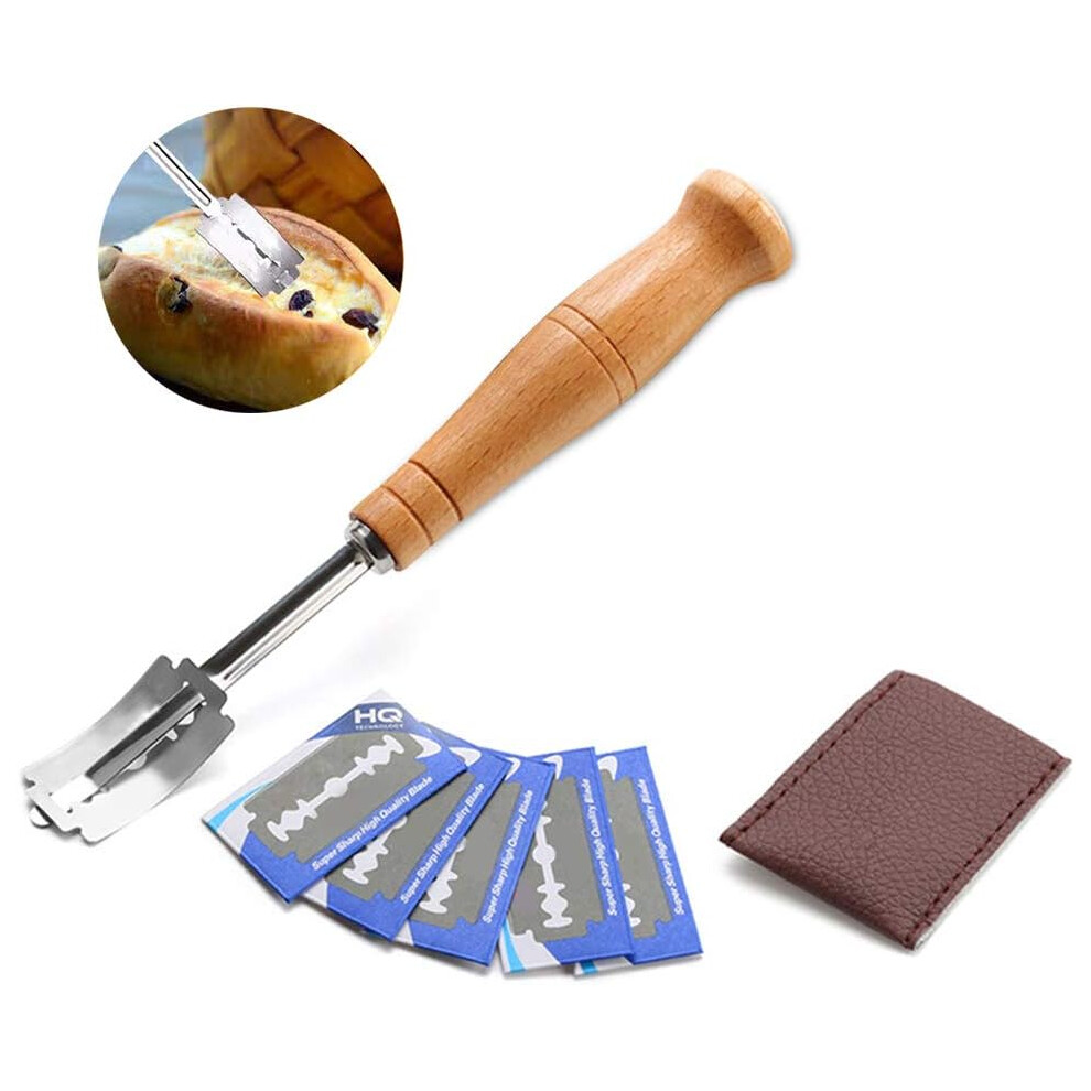 Dough Scoring Knife with Wood Handle, Bread Lame Featuring Stainless Steel Blade and Replaceable Blades, Safe to Use Sourdough Scoring Tool with Leath