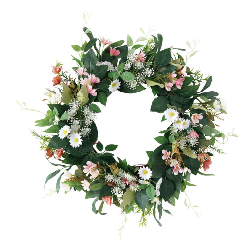 Artificial Daisy Flower Wreath 20Inch Spring Wreath with Leaves