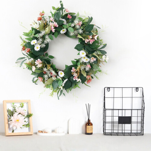 Artificial Daisy Flower Wreath 20Inch Spring Wreath with Leaves 1
