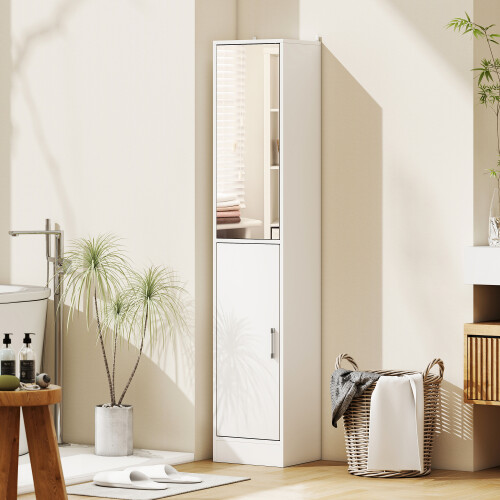 kleankin Tall Mirrored Bathroom Cabinet Tallboy Unit White