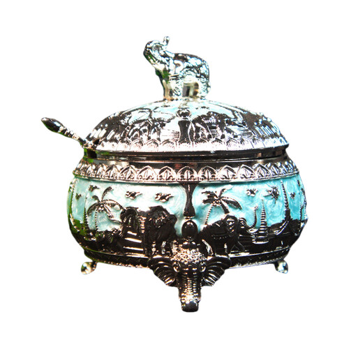 Functional Alloy Sugar Vessel with Spoon Decorative-silver blue