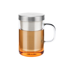 Classic Glass Tea Cup, Clear Mug for Loose Leaf Tea Brewing, Heat Resistant Borosilicate Glass, Ergonomic Handle, Stainless Steel Infuser, Dishwasher