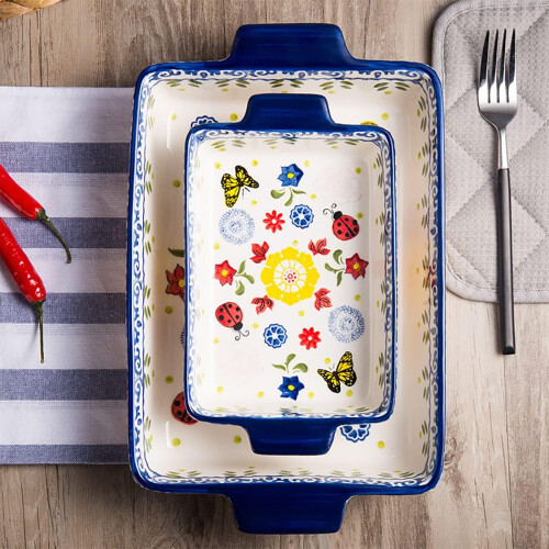 Ceramic Casserole Dish Bakeware With Handles, Flower Butterfly Ladybug Pattern, OvenToTable Lasagna Pan 2