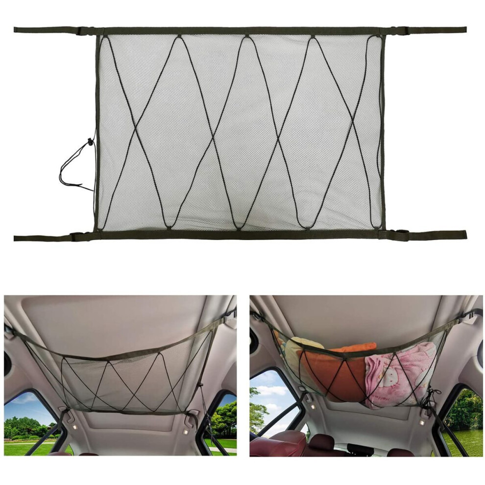 Car Ceiling Cargo Net, Enhanced Stability Double-End Zipper Universal Roof Organizer, Adjustable Strap For Inside Car High Capacity Storage, Army Gree 9198585573918