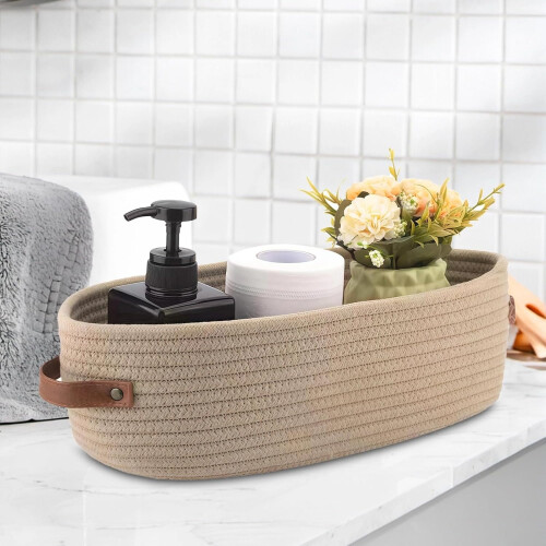 Nursery Storage Container Oval Cotton Rope Storage Baskets With Leather Handles 2Pack Bathroom Organizer 1