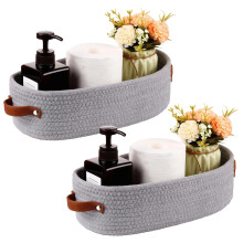 Nursery Storage Container 2 Pack Oval Cotton Rope Baskets With Leather Handles Rope Woven Bathroom Organizer